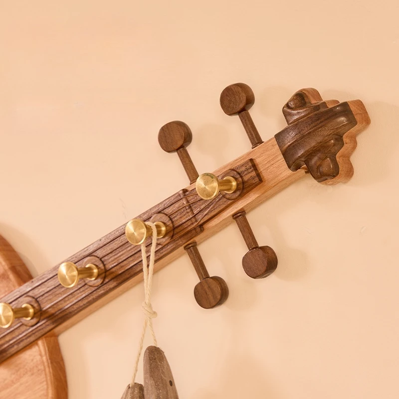 

Handmade Walnut Wall Hook & Hanger No-Drill Solid Wood Entryway Organizer Bedroom Coat Rack with Violin Brass Hook Decor