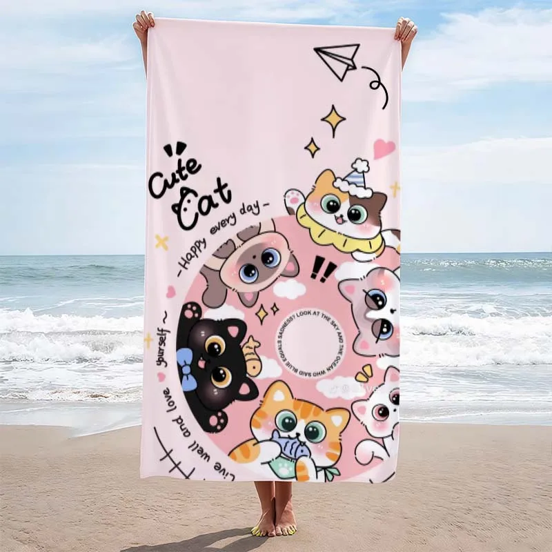 Cute Cat Illustration Pattern Beach Towel, Super Absorbent Beach Towel, Trendy for 2026 New Year,Comfortable and Practical Quick