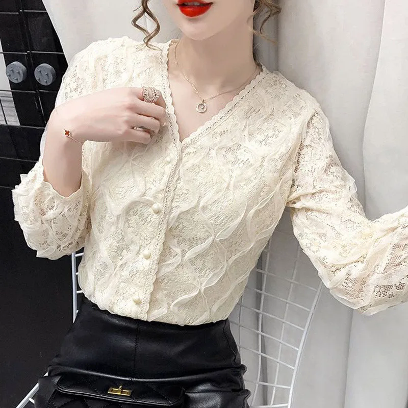 Vintage Elegant Chic Lace Korean Fashion Slim Sweet Tops Blouses for Women Casual V Neck Long Sleeve Solid Shirts Female Clothes