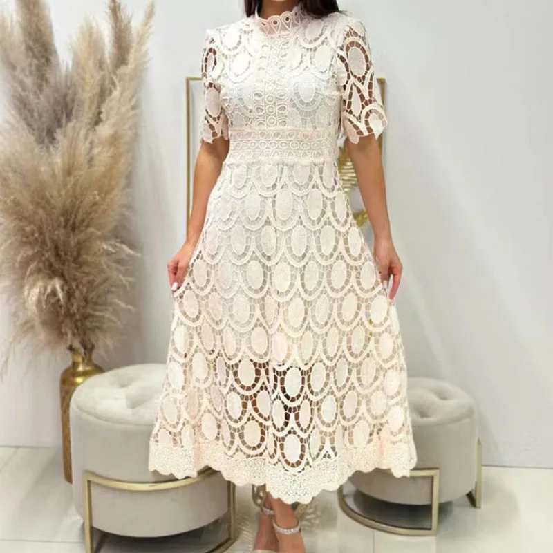 Sexy Embroidery Hollow Lace Jacquard Dress Women Spring Stand Collar Crochet Long Dress Summer Short Sleeve A-Line Party Dresses