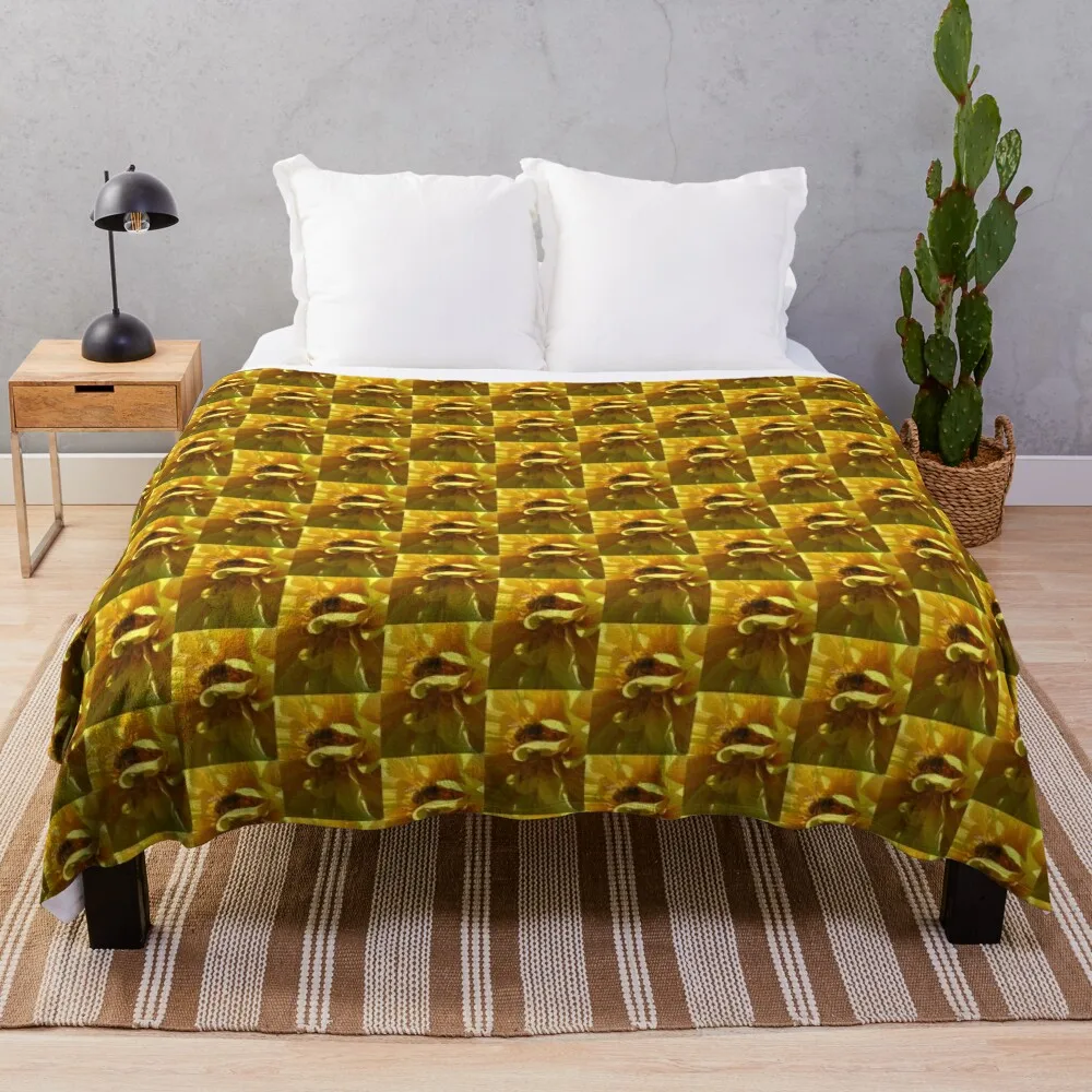 Curling Dahlia Petals in Yellow with a Happy Bee and Happy Ants Throw Blanket Soft valentine gift ideas Blankets