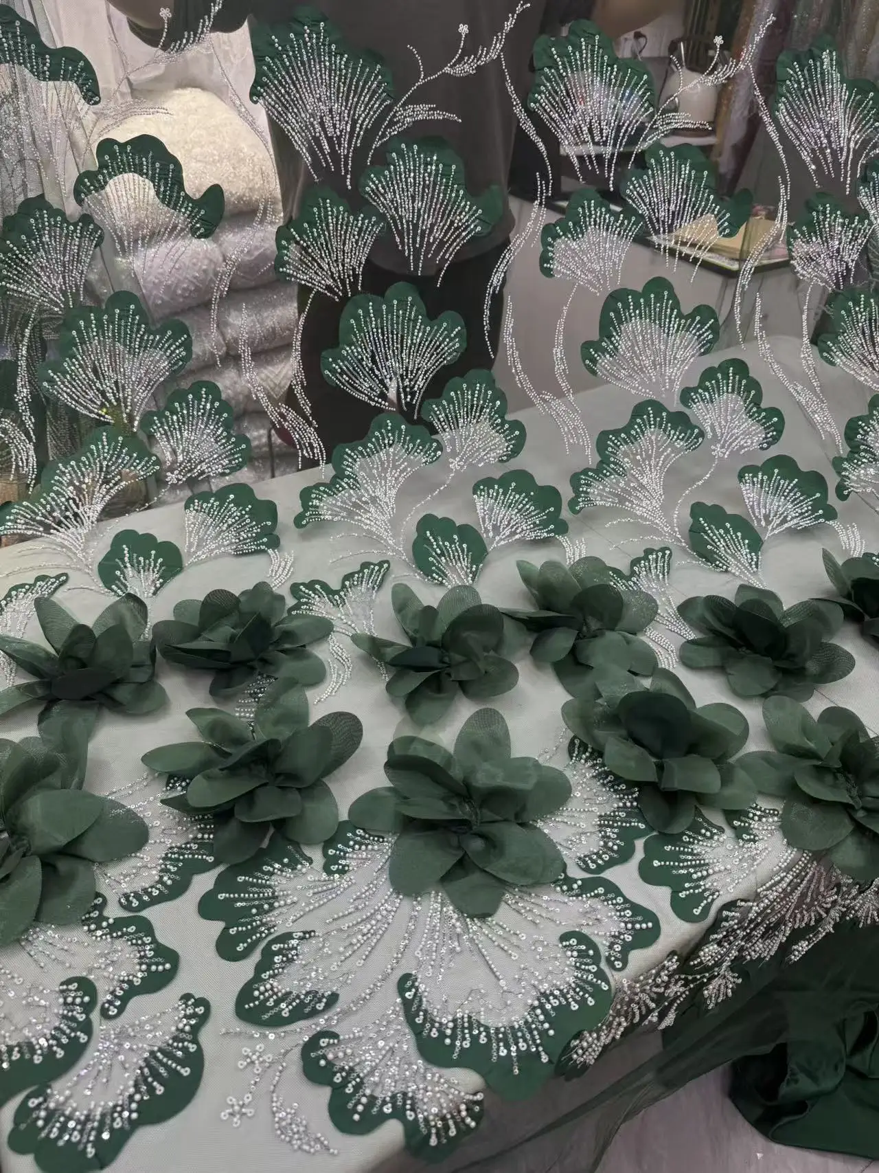 

Green African 3D Flowers Sequins 2026 Latest Christmas French Party Lace Fabric Tulle Nigerian Beads Fabric For Wedding Dress
