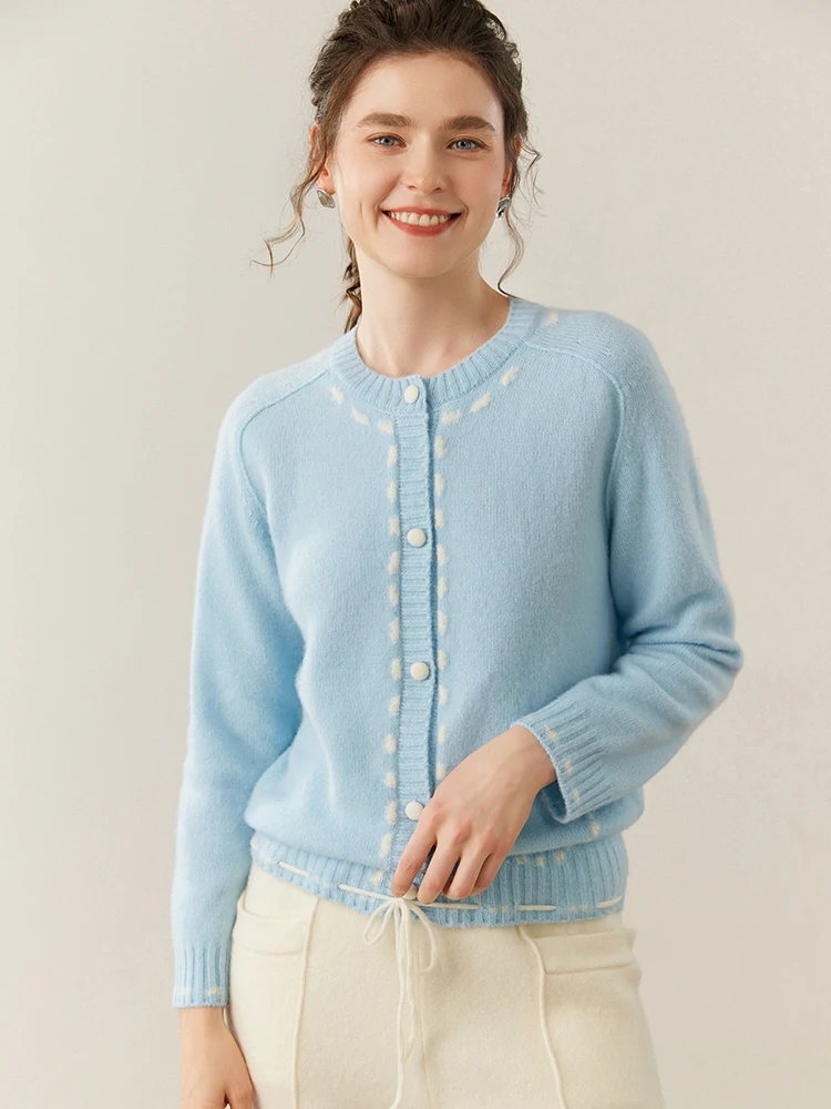 TLOML 여성용 100% 캐시미어 도트 라인 자카드 카디건 오넥 긴 소매 캐시미어 스웨터 가을 겨울 캐주얼 스타일 탑