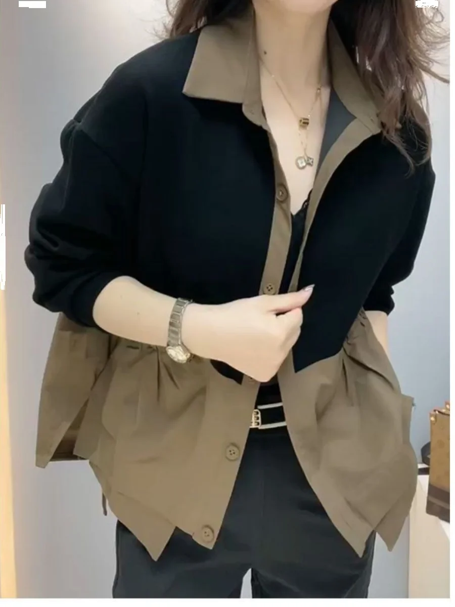 High-End Color Block Ladies Jacket Spring New Style  Collar Double Pocket Loose Casual Mom Clothes Fashionable Short Coat
