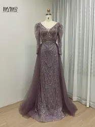 MYMB Pink Elegant Muslim Long Sleeves Evening Dresses for Women Celebrity Gorgerous Arabic V Neck Mermaid Wedding Party Gowns