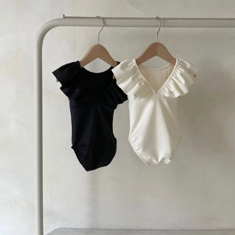 Maillot de bain une pièce à volants pour enfants, fibre solide, maillots de bain trempés, mode fille, tout-petit, 2023