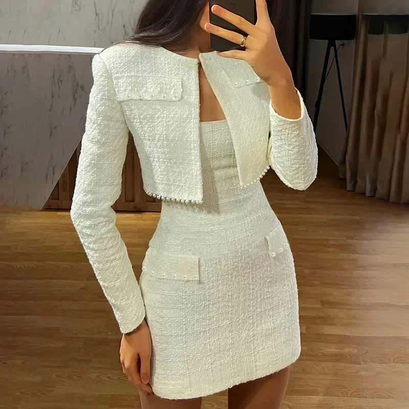 Y2k Pearl Dress Sets Women Autumn Long Sleeve Coat And Mini Dress Two Piece Sets Femme Sexy Strapless Dress Matching Sets 2024