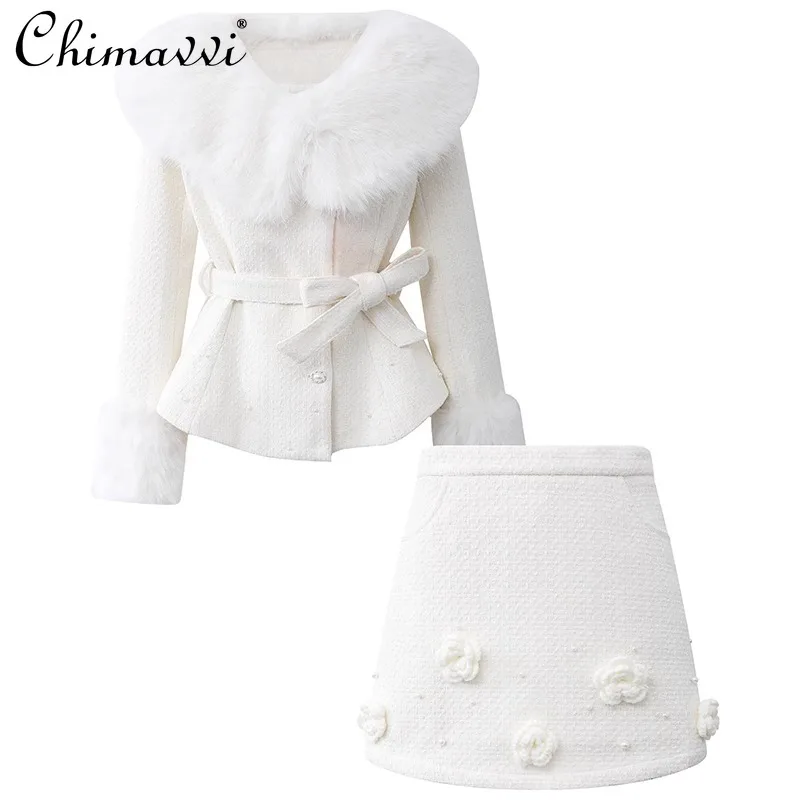 

Autumn Heavy Industry Design Sense Dignified Fur Collar Shawl Woolen Three-dimensional Printing A-Line Short Skirt Suit Women