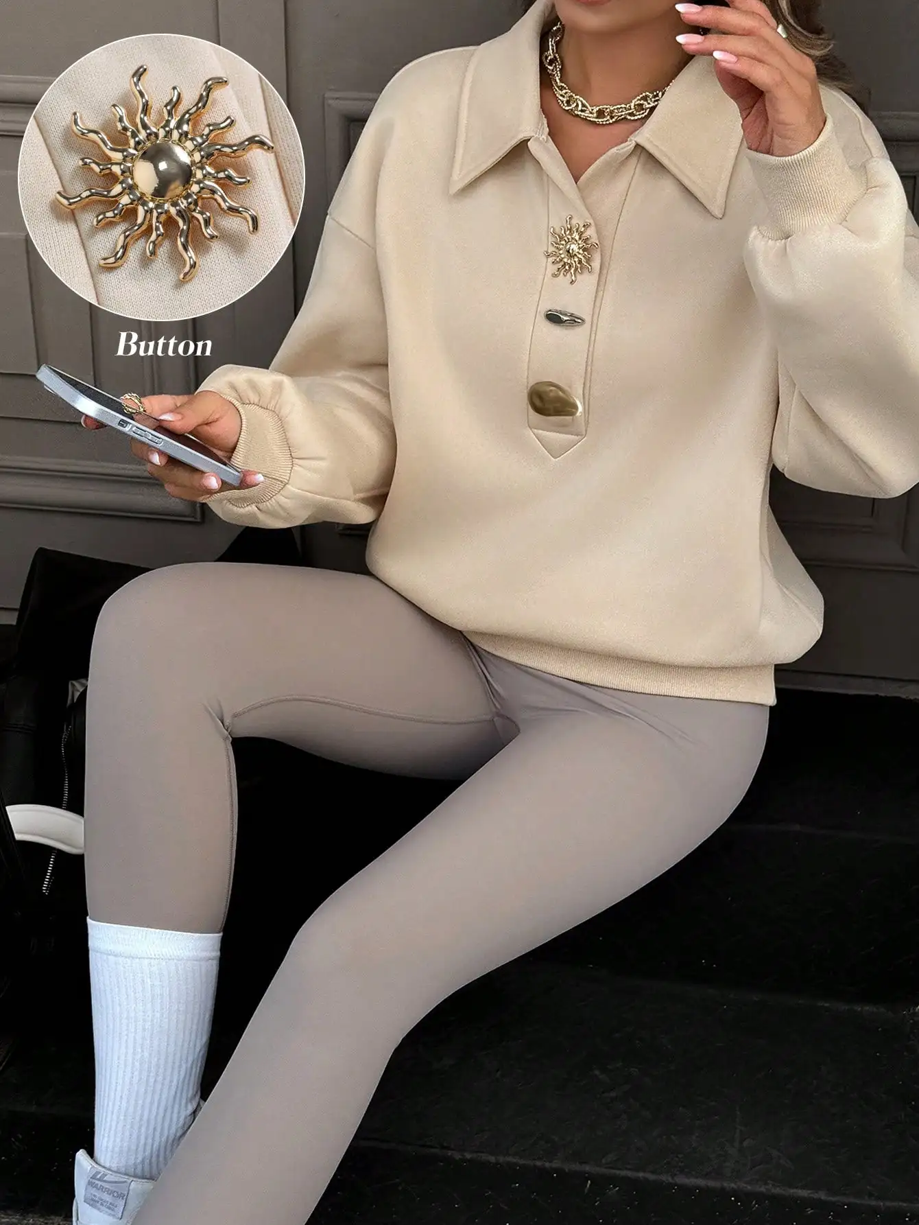 

Женская свободная толстовка с длинным рукавом и металлическими пуговицами в виде солнца, осенне-зимний повседневный топ