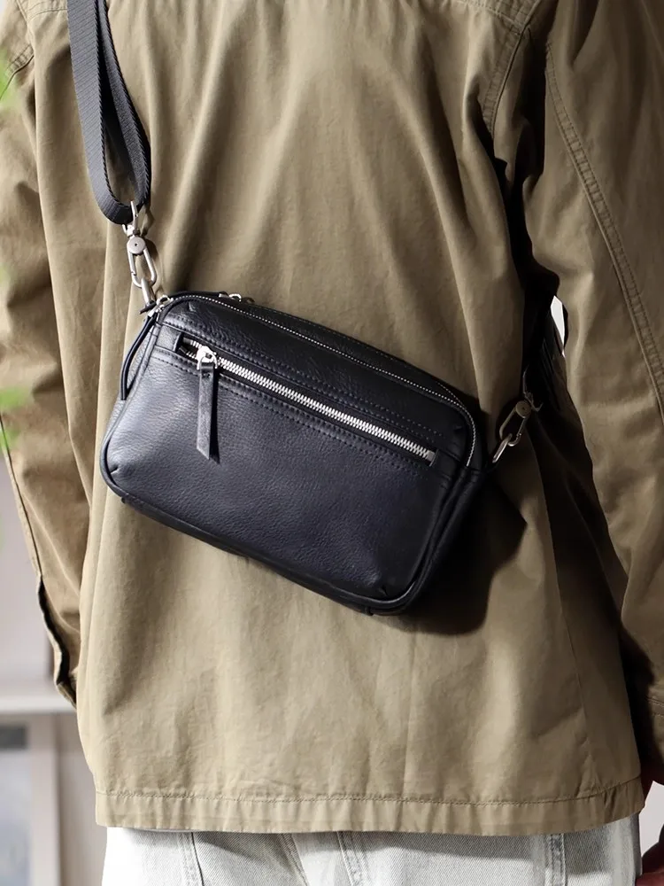 SENOFAN الرجال جلد طبيعي حقيبة كتف مفردة عادية ريترو حقيبة الهاتف جلد البقر متعددة جيب Crossbody حقائب الصدر الصغيرة