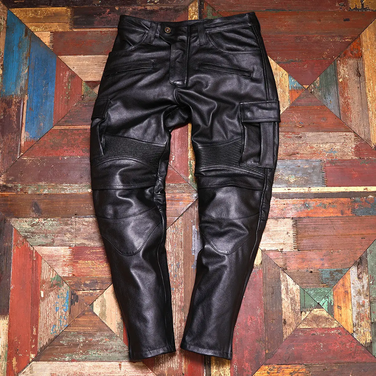 Cone slim locomotive riding equipment first layer cowhide leather can add protective gear wind-resistant pants
