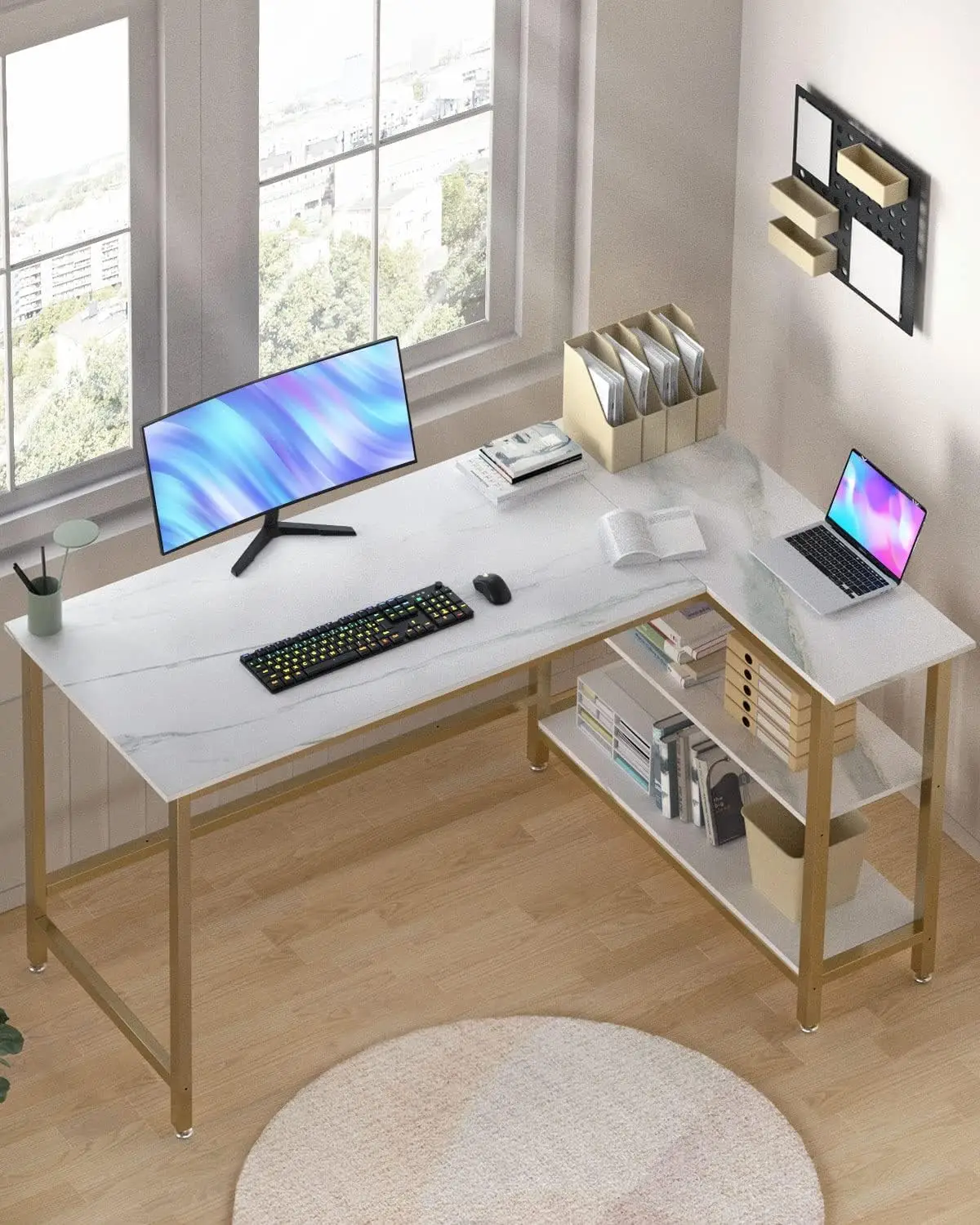 L Shaped Computer Desk - Home Office Desk with Shelf, Gaming Desk Corner Table for Work, Writing and Study, Space-Saving, White.