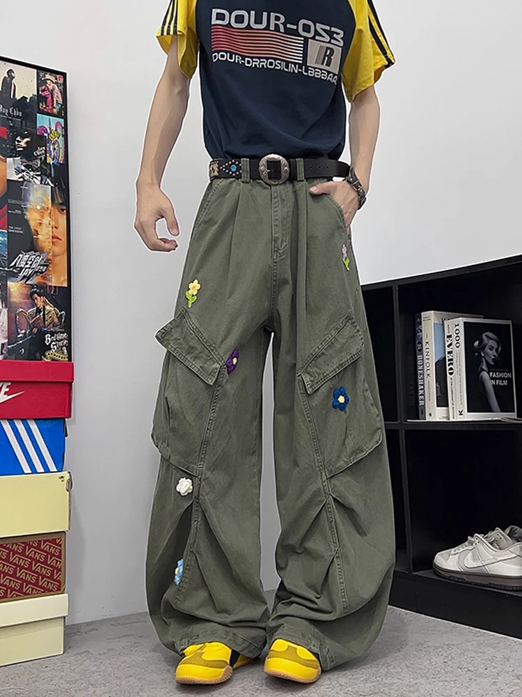 

American Sle Embroidered Pleated Work Pants Men's Autumn High Waist Straight Leg Wide Leg Pants Drapey Casual Long Trousers