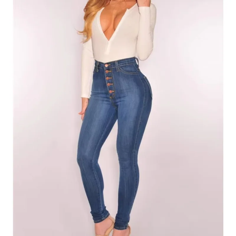 

Botvotee Button Up Skinny Pencil Jeans for Women High Waisted Casual Elegant Denim Pants Vintage Retro Blue Strentch Jeans Woman
