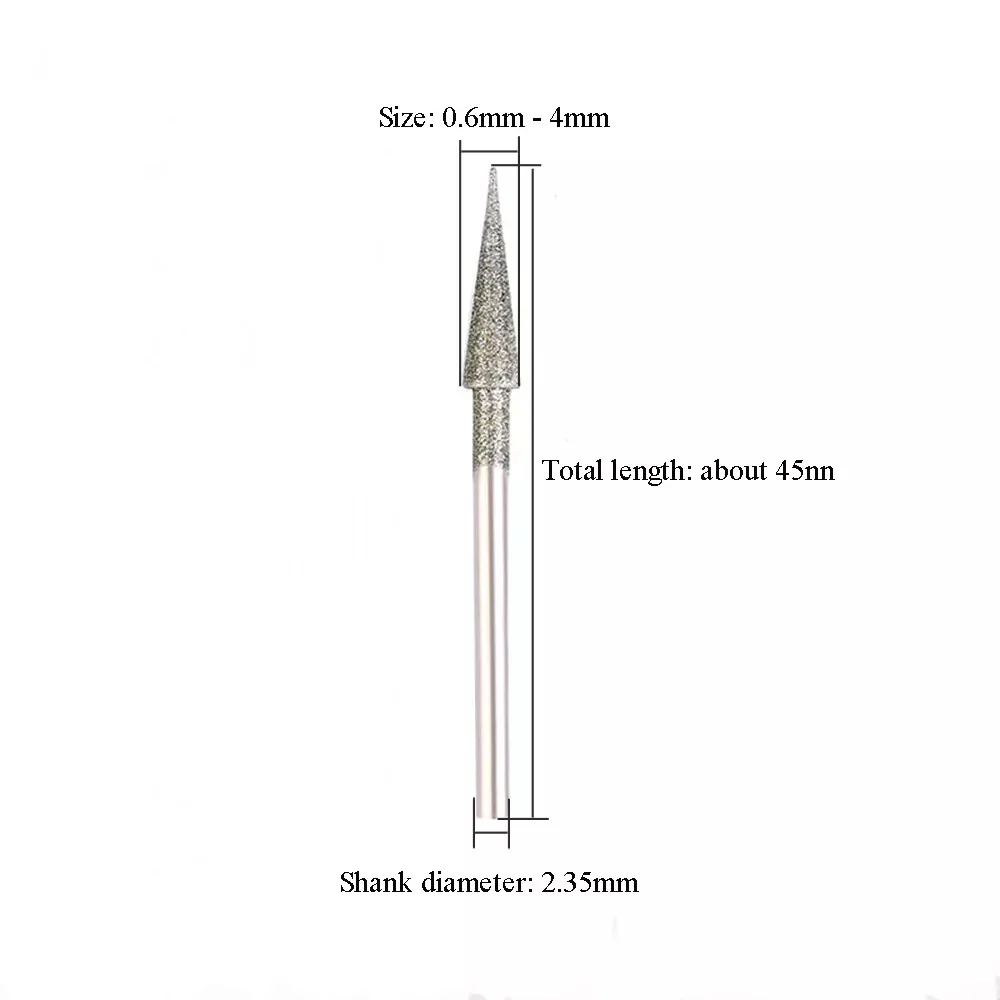 0.6/0.8/1/1.2/1.5/1.8/2/2.5/3/4mm Diamond Burr Grinding Bit Point 2.35mm Shank Glass Stone Jade for Dremel Rotary Tools