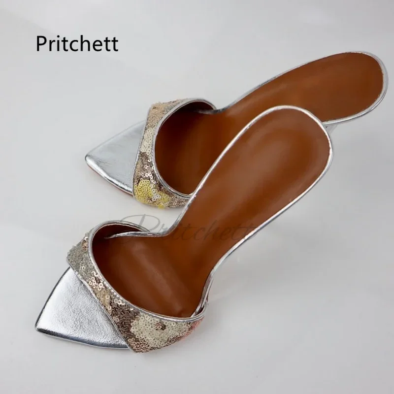 Sequin High Heels Slippers Women Summer Shoes Ladies Open Pointed Toe Pull On Holiday Stiletto Outdoor Mules Banquet Shoes