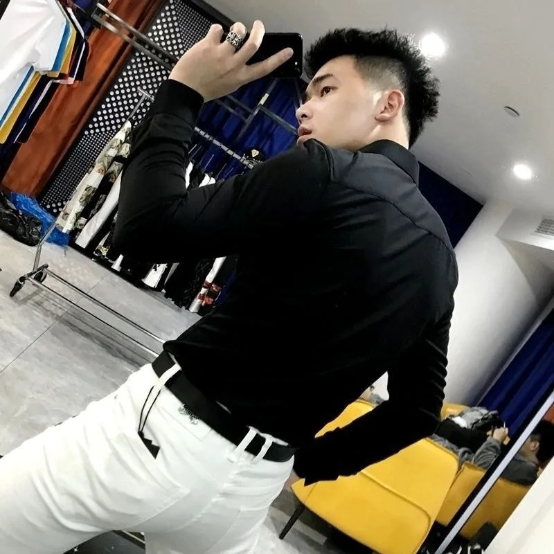 Men's clothing spring and autumn high quality y2k letters hot drilling long sleeve shirt handsome slim shirt