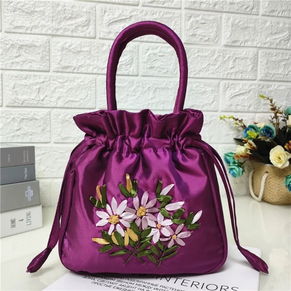 Embroidered Flower Pattern Women Bucket Bag Small National Style Ladies Handbag Dacron Phone Bag Mini Purse Fashion Accessories