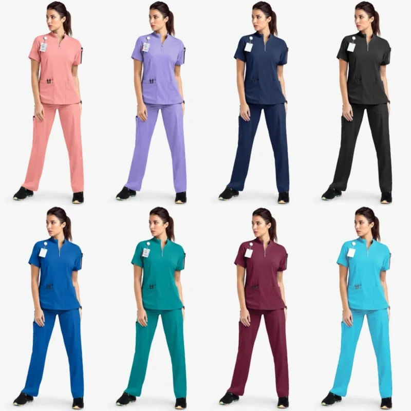 女性用ユニセックスユニフォーム,Vネック看護師および医師作業服セット,半袖歯科用手術,病院作業服