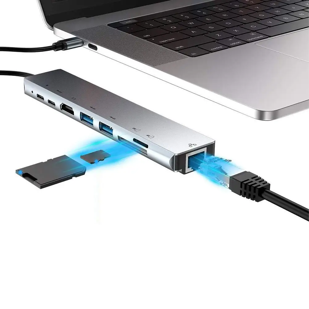 Hub usb c 8 em 1 tipo c 3.1 para 4k adaptador hdmi com leitor de cartão rj45 sd/tf pd carga rápida para macbook notebook computador portátil