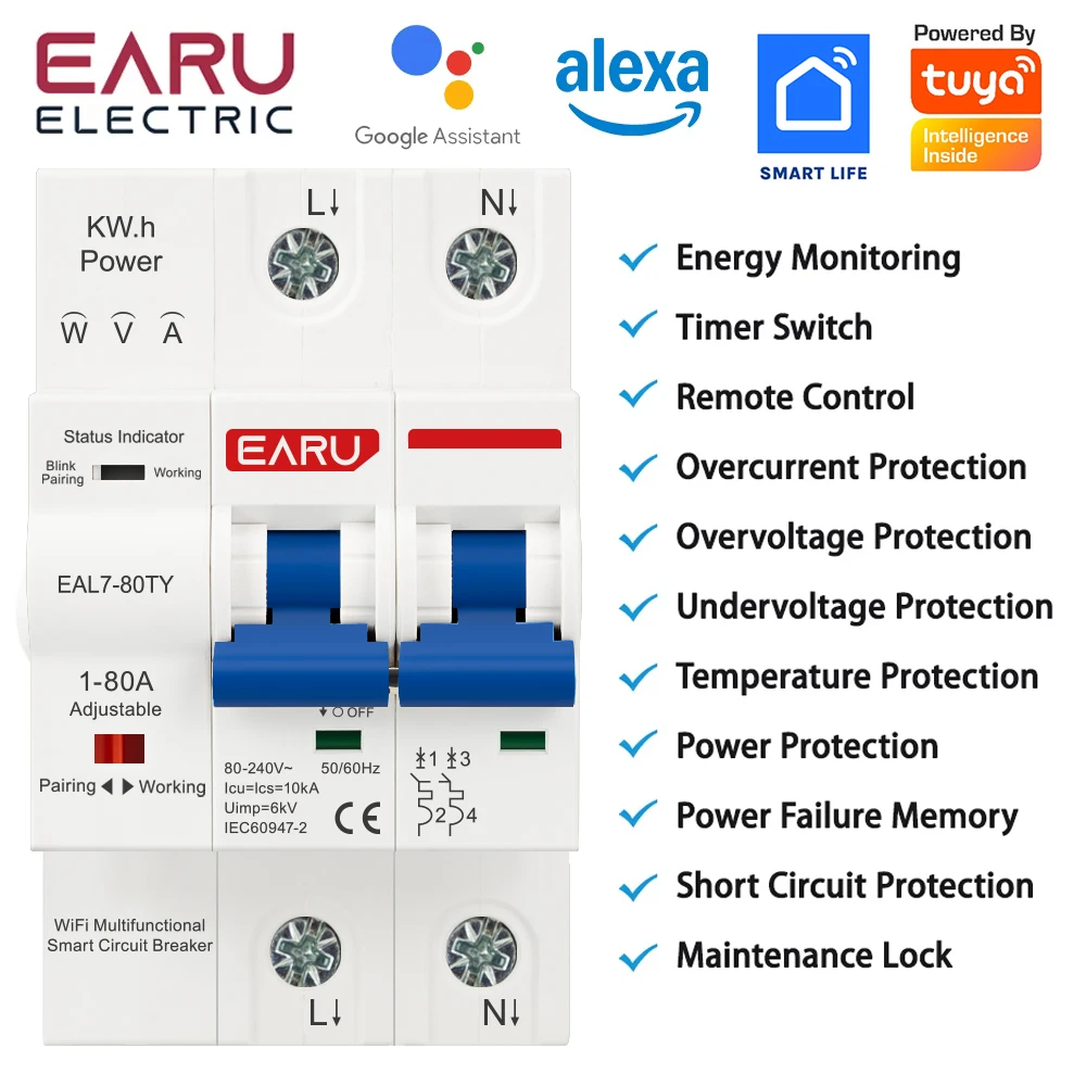 

TUYA WIFI Smart Circuit Breaker MCB 1-80A Adjustable 230V Energy Meter kWh | Over Current/Voltage/Short Circuit Protection