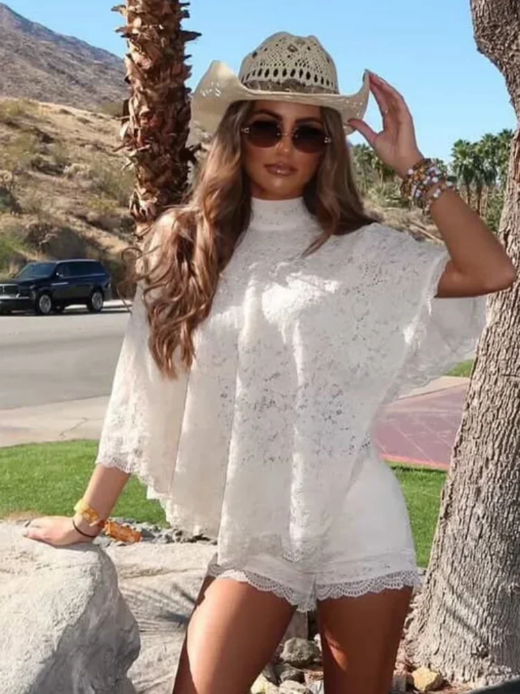 Chic Lace High Neck Cape Top Shorts Set Women Lace Up Cut Out Sleeveless Blouses Slim Fitting Shorts Suit Daily Vacation Outfit