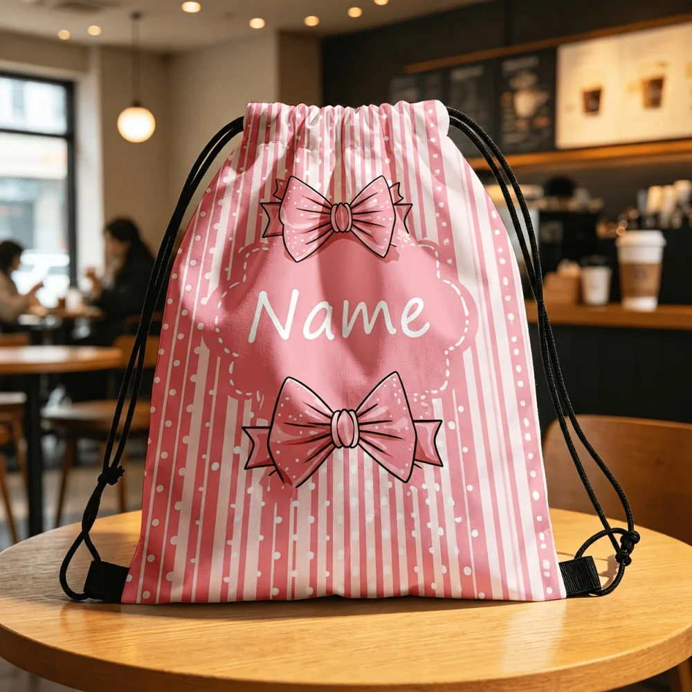 1Pc Personalized Custom Name/Text Drawstring Bag, Pink Bow Stripe Design Storage Pouch, Lightweight Travel Bags Gym Backpack