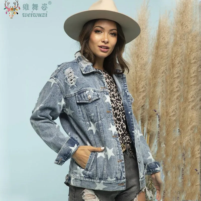 

Women Denim Jacket Star Pattern Ripped Hole Jean Coat Lady's Top Long Sleeve Jacket Loose Outdoor Sportswear Causal Outwear