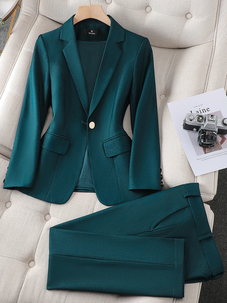 Ladies Blazer And Pant Suit Women Green Purple Blue Black Solid Formal Jacket Trouser Female Business Work Wear 2 Piece Set