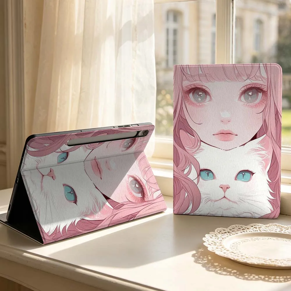 Anime Girl Cat Pattern Soft For Samsung Galaxy Tab S11 S10 S9 S8 S7 S6 A9 A8 A11 Lite FE Plus Pen Tray Tablet Case