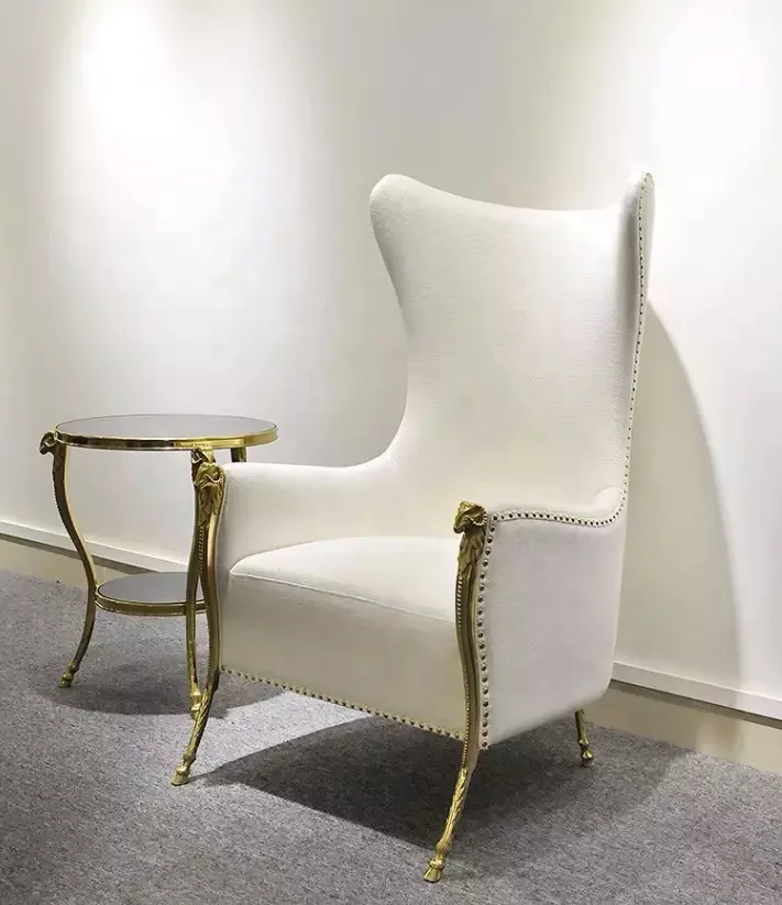

Luxury Single Copper Chrome Gold Ram Head High Back Accent Chair Premium Leather and Velvet Lounge Chair for Family Hotels