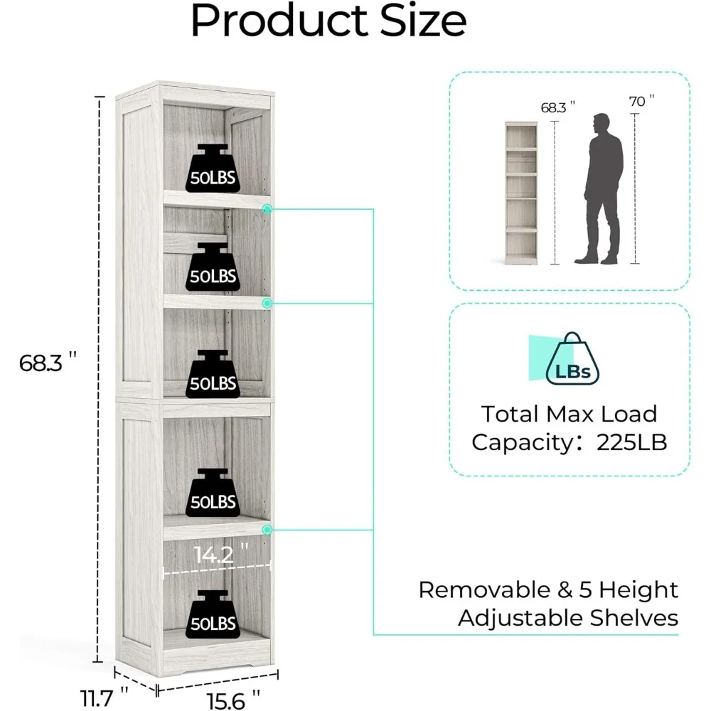 رف كتب ضيق طويل القامة مكون من 5 أرفف - أرفف عرض للتخزين على الأرض لديكور المنزل، 68 بوصة