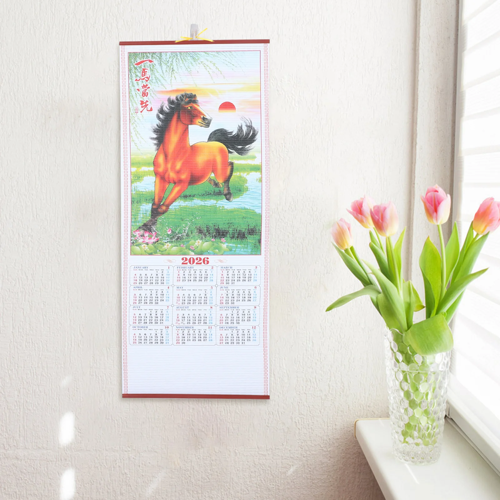 2026 Faux Rattan Horse Year Wall Scroll Calendar Lunar Hanging Decor For Home Office Chinese New Year Zodiac Wall Art Printed