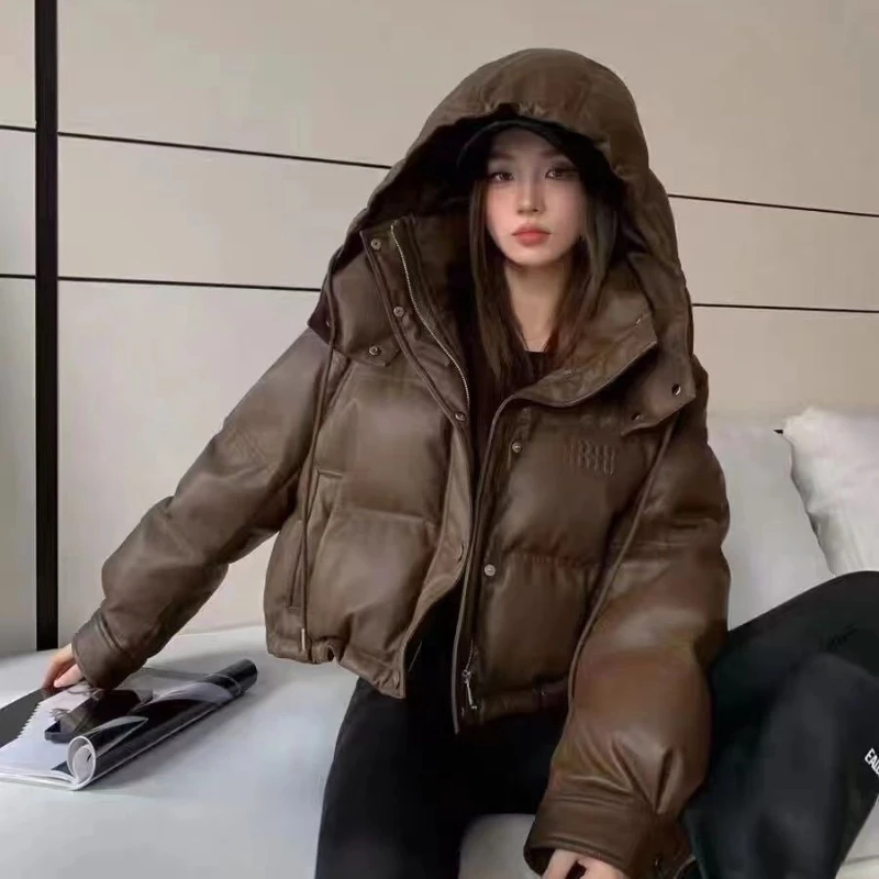 2025 Women's Pu Skin Down Cotton Jacket Versatile Hooded Lady Winter Parka Coat Fashion Student Ladies Cotton Padded Outerwear
