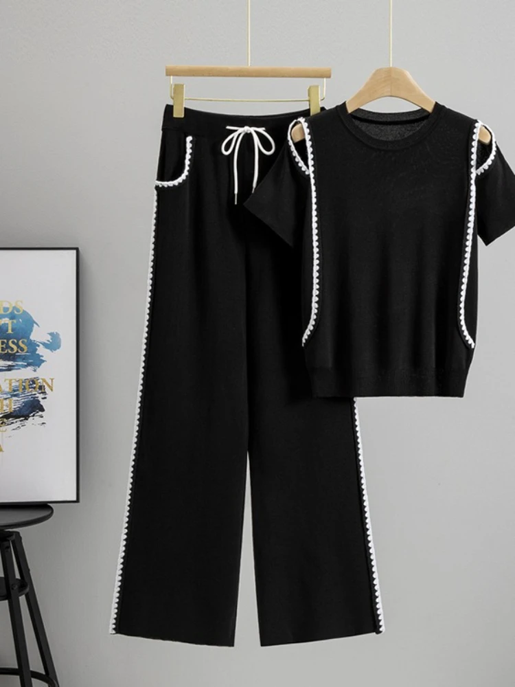 

Short Sleeve Loose Casual Tops Lace Up High Waist Wide Leg Long Pants 2025 Elegant Slimming Women Two Piece Sets