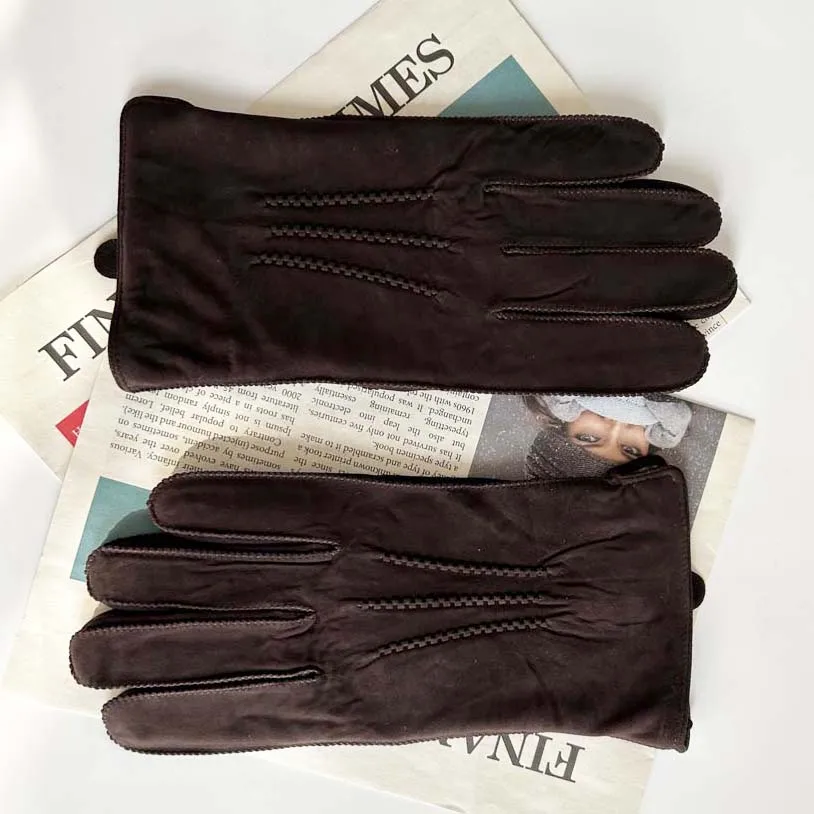 Men Retro Sheepskin Suede Leather Gloves Winter Warm Full Finger Dark Brown Gloves Riding Motorcycle Gloves