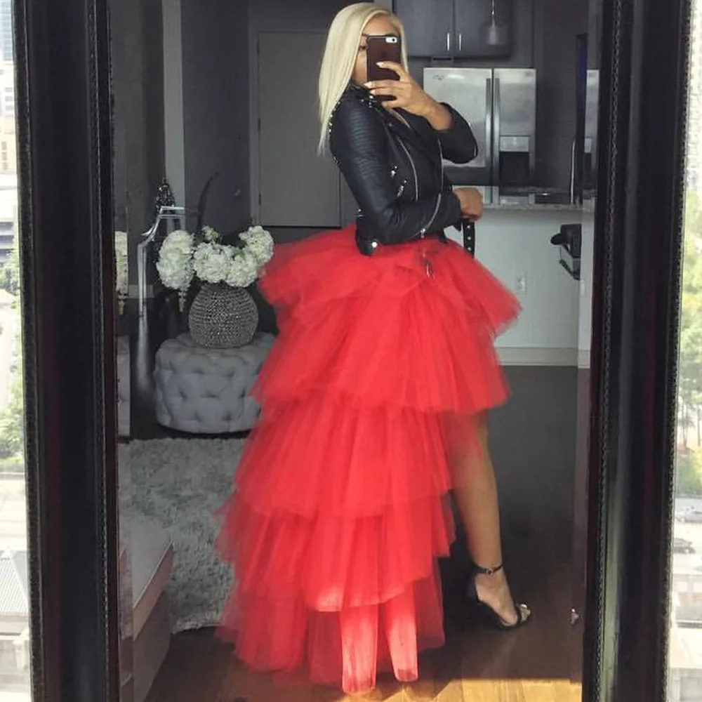 Red Puffly Tulle Skirt Women Front Short Back Long Sexy Half Body Skirts High Waisted Mesh Tutu Carnival Outfit Mardi Gras Party