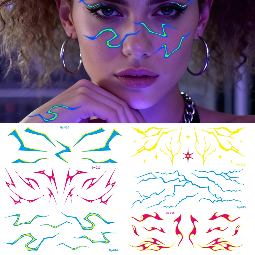 

Fluorescent Color Facial Female Temporary Tattoo Stickers - Blue Lightning New Year Dance Party Tattoo Art Waterproof Tattoo