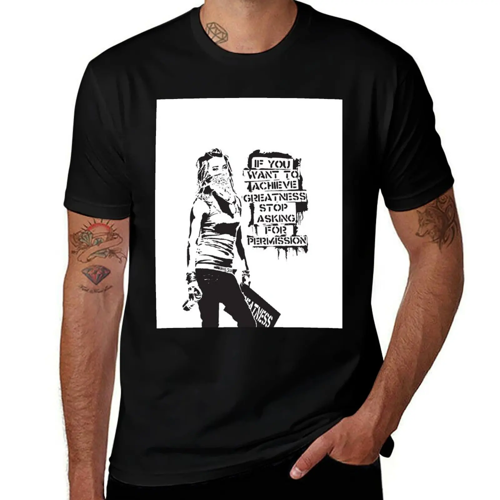 Banksy quote graffiti If You Want to Achieve Greatness stop asking for permission black and white with Banksy tag signat T-Shirt