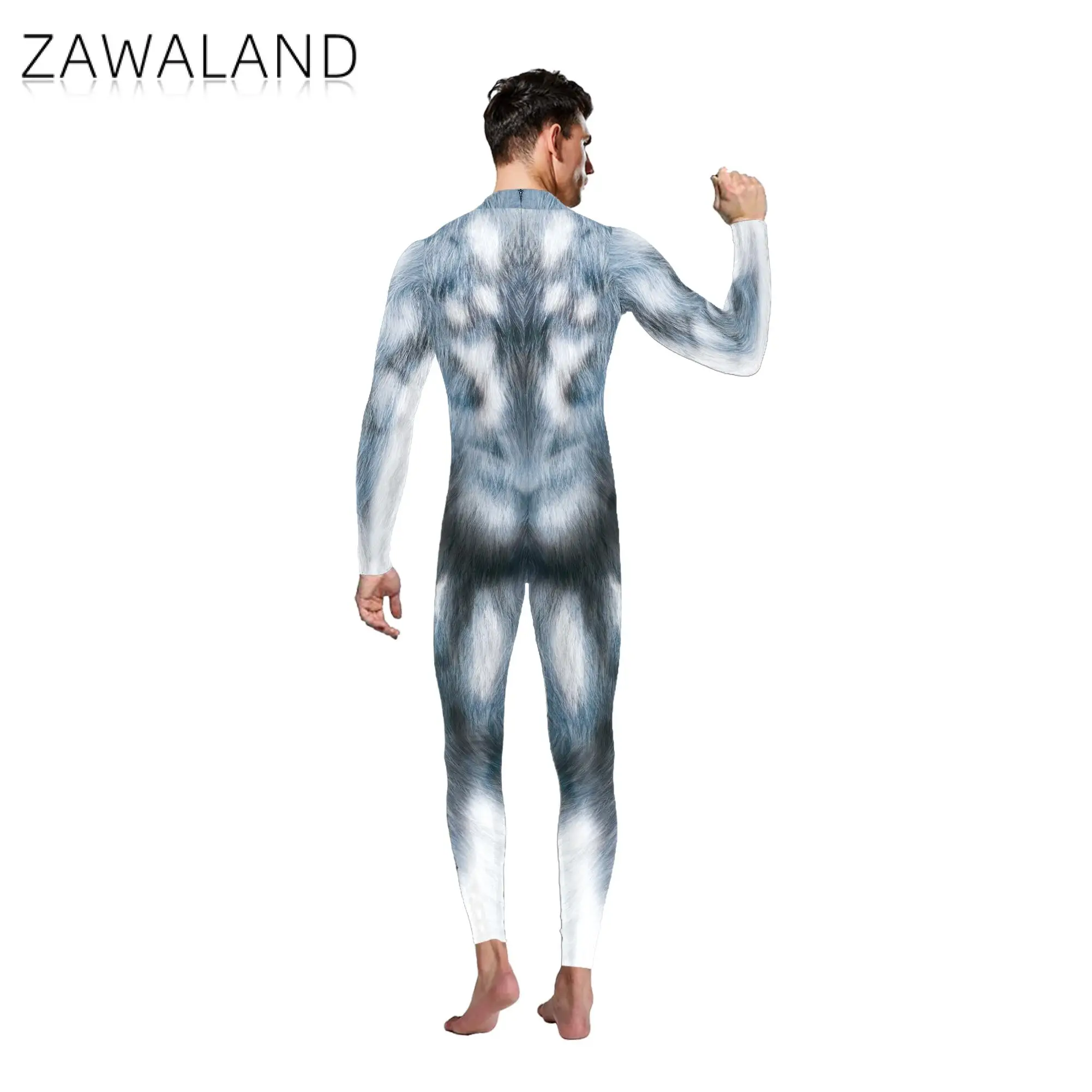 Zawaland Halloween Men Wolf Animal Bodysuit Carnival Holiday Party Funny Jumpsuit Stage Long Sleeve Zipper Cosplay Costumes