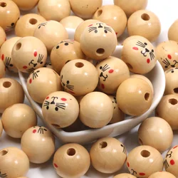 10Pcs 20MM Cute Cat Pattern Beads Original Color Wood Beads For Jewelry Making DIY Bracelet Earrings Necklace Crafts Beads