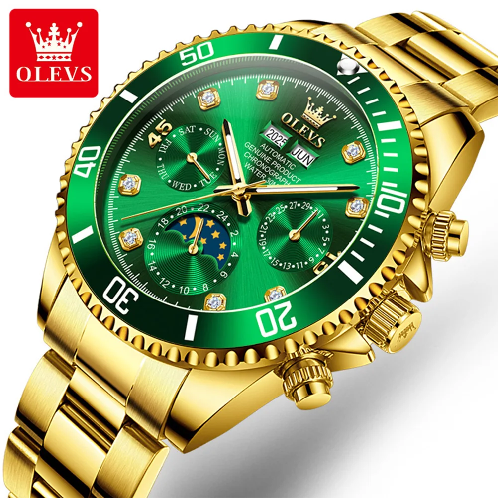 OLEVS 6729 Luxury Gold Mens Watch Diamond Dial Moon Phase Waterproof Luminous Automatic Mechanical Wristwatch for Men