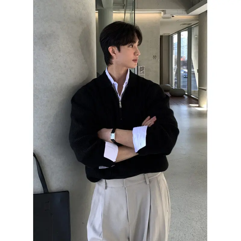 Lapel Sweater Men Warm Zipper Knitted Pullover Sweater Men Streetwear Korean Loose Long Sleeved Sweater Mens Jumper Clothes