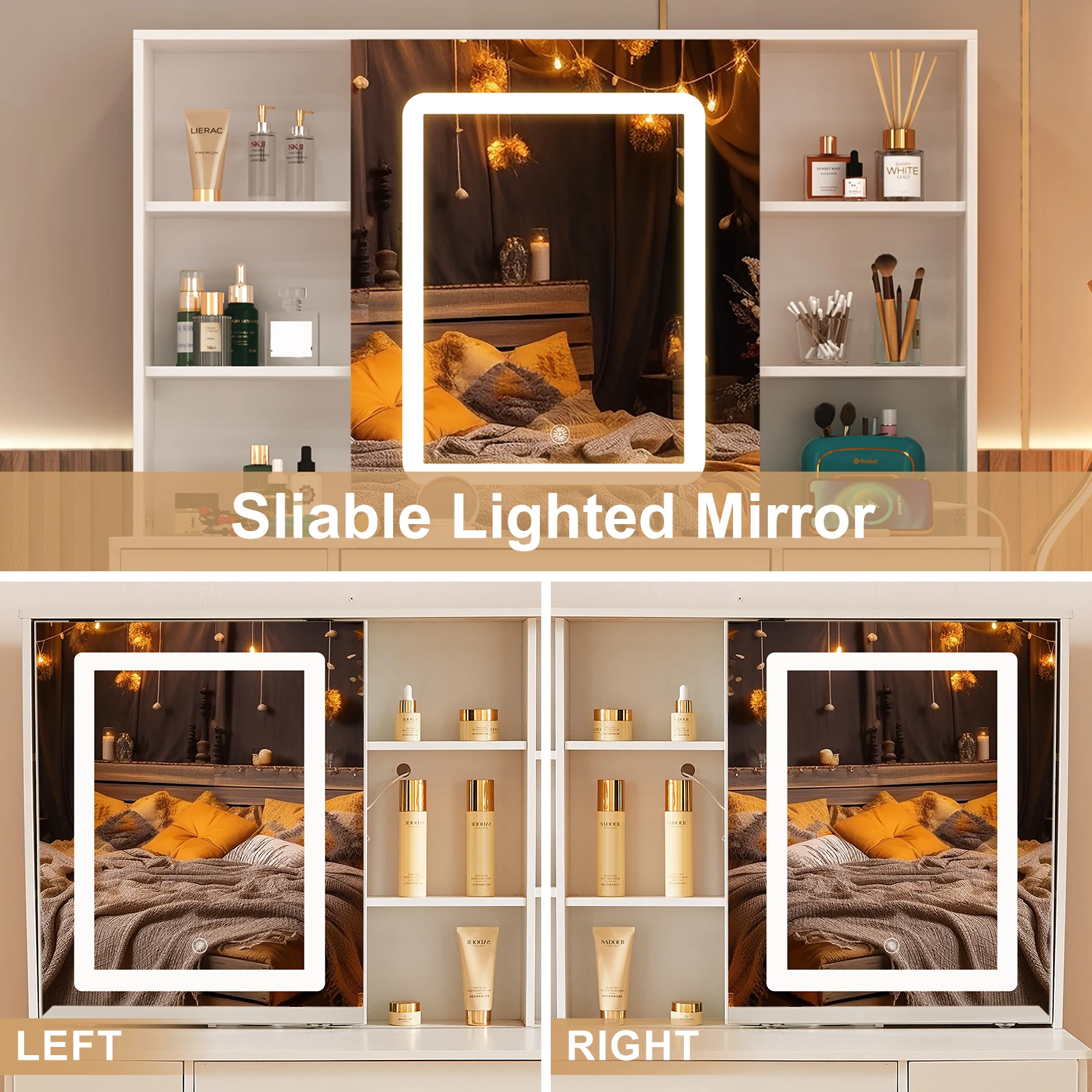 Teousev White Makeup Vanity Desk with LED Lighted Mirror, 39.4