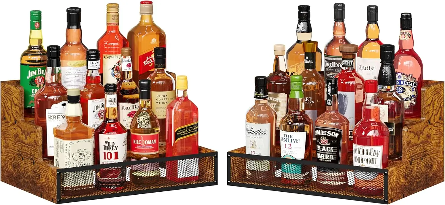

2 Pack 3 Step Countertop Liquor Bottle Display Shelf, Wood Bar Shelves 12 Bottles with Fences, Freestanding Storage Shelves