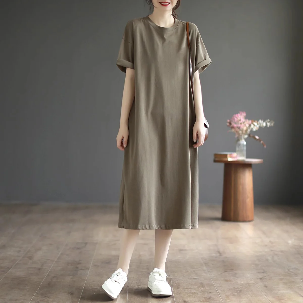 Summer Short Sleeve T-Shirt Dress Women's Loose Fit Pocket Open Split Casual Cotton Comfortable Breezy  Dress for Ladies