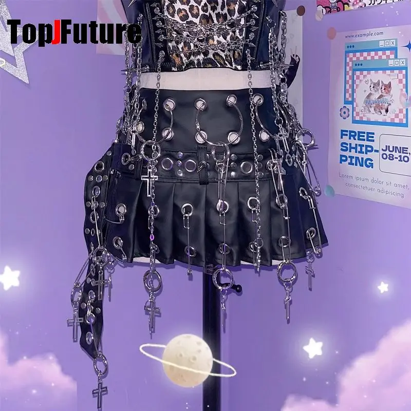 Steampunk 여성 고딕 로리타 펑크 하라주쿠 pu 링 스커트 고스 Y2K 소녀 핀 메탈 크로스 하프 바디 베팅 스커트 작업복 스커트