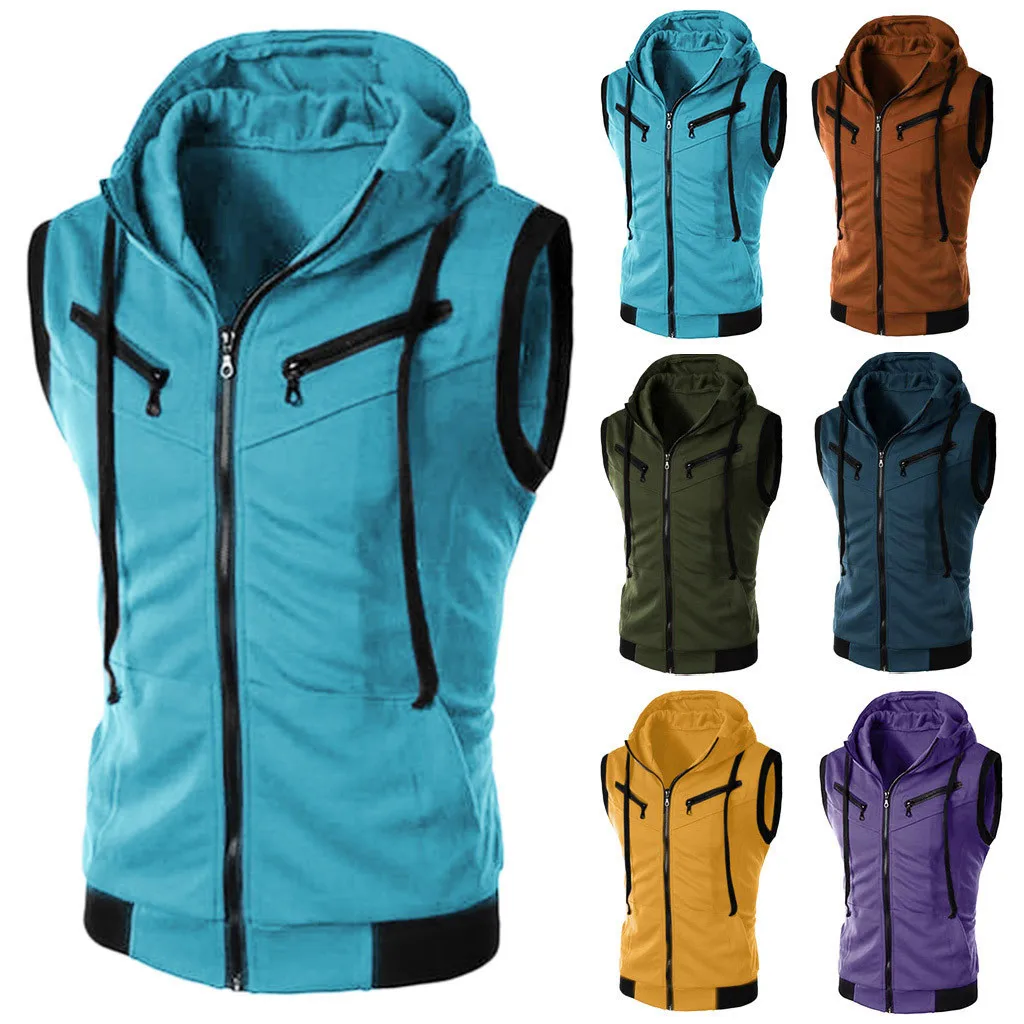 Color Block Summer Sports Men Zipper Sleeveless Fitness Hoodies Hooded Vest Men'S Clothing Fashion Men'S Casual Running Top