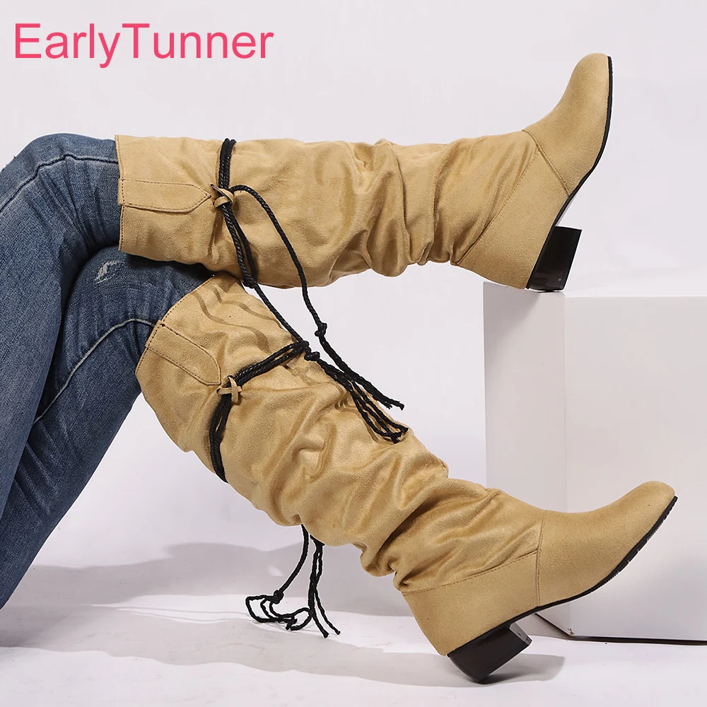 Winter Fashion Women Knee High Slouch Boots Round Toe Med Chunky Heels Lady Casual Shoes Large Plus Size 11 44 47
