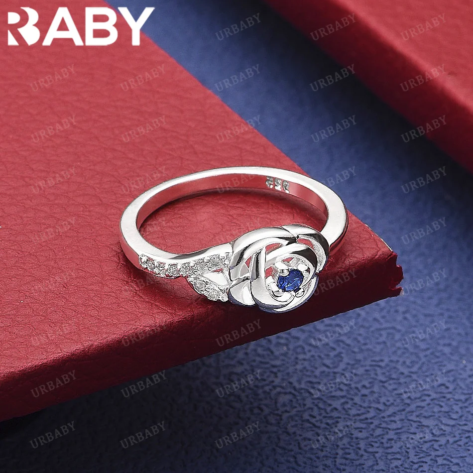 

URBABY 925 Sterling Silver Blue Zircon Rose Ring For Women Creativity Gifts Street All-match Party And Daily Wear